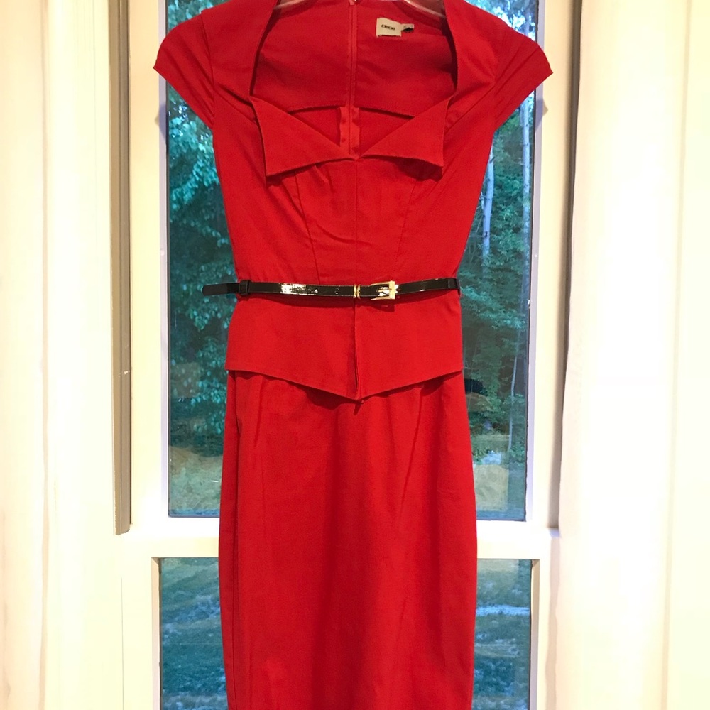 ASOS belted red midi bodycon dress